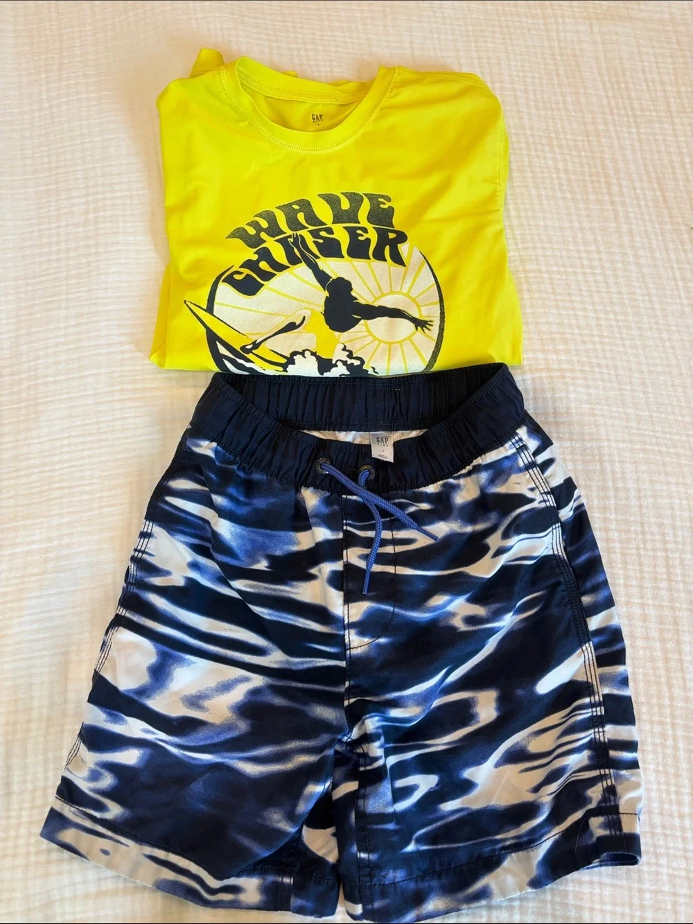 GAP Neon Yellow Rash Guard with Navy & White Wave Swim Trunks